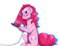 Size: 1024x804 | Tagged: safe, artist:sisitowe, derpibooru import, pinkie pie, earth pony, pony, female, hair straightener, mare, sitting, solo, tongue out