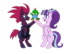 Size: 2800x1997 | Tagged: safe, artist:doodle noodle, derpibooru import, fizzlepop berrytwist, starlight glimmer, tempest shadow, oc, oc:yosh-e-o, pony, unicorn, armor, bipedal, broken horn, coping with limitations through ponies, duo, eye scar, female, mare, raised hoof, s5 starlight, scar, simple background, transparent background