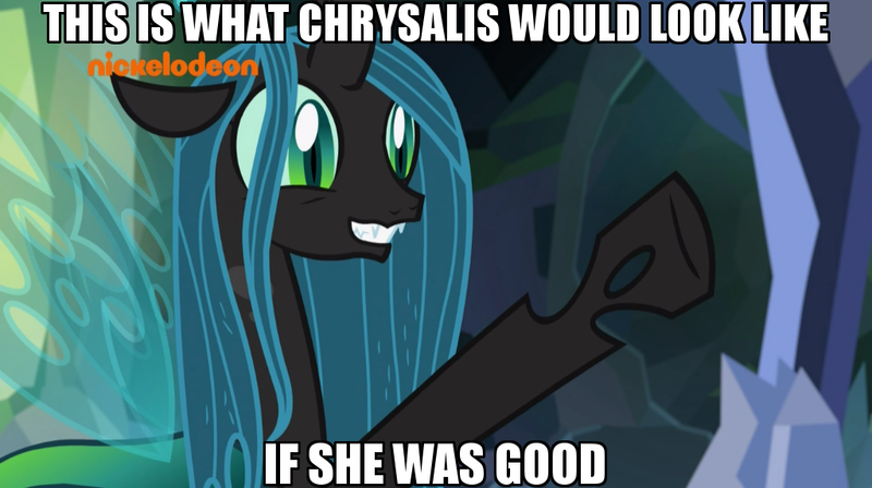 Size: 1024x573 | Tagged: safe, derpibooru import, edit, edited screencap, screencap, ocellus, queen chrysalis, changedling, changeling, changeling queen, pony, season 8, what lies beneath, adorkable, caption, cute, cutealis, disguise, disguised changeling, dork, dorkalis, excited, fangs, female, floppy ears, grin, happy, image macro, implied chrysalis, mare, meme, meta, nickelodeon, nightmare cave, out of context, raised hoof, reformed, sharp teeth, silly, silly pony, smiling, solo, spread wings, squee, teeth, waving, what if, when she smiles, wings