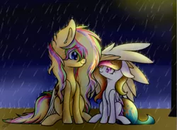 Size: 687x505 | Tagged: safe, artist:xxmelody-scribblexx, derpibooru import, oc, oc:melody scribble, oc:spring splat, unofficial characters only, pegasus, pony, covering, duo, female, looking at each other, mare, rain, wing covering, wing umbrella