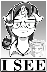 Size: 800x1230 | Tagged: safe, artist:wangkingfun, derpibooru import, starlight glimmer, pony, unicorn, marks for effort, 1984, coffee mug, female, i mean i see, mare, monochrome, mug, solo