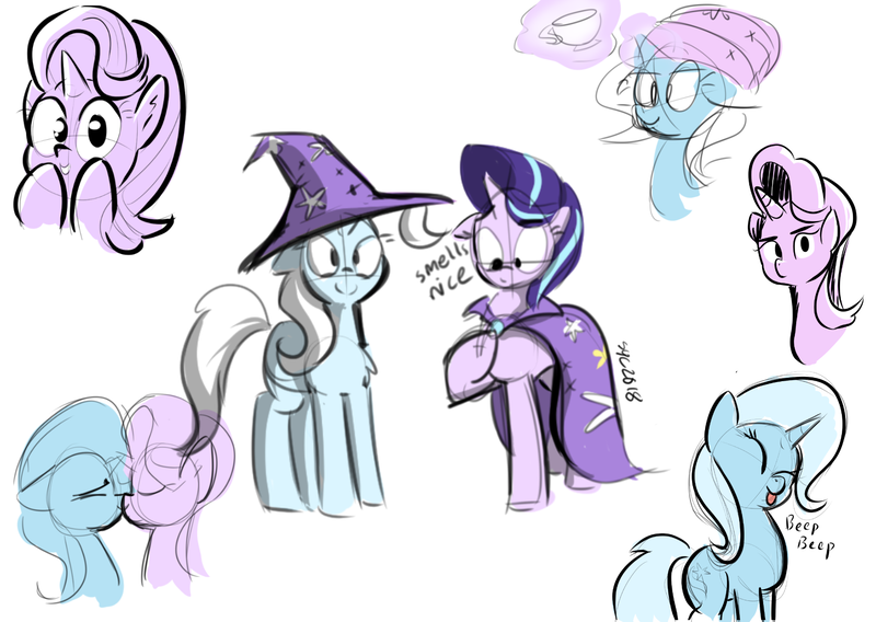 Size: 1748x1240 | Tagged: safe, artist:christheblue, derpibooru import, starlight glimmer, trixie, pony, unicorn, :p, accessory swap, beanie, cape, chest fluff, clothes, cup, cute, diatrixes, eyes closed, female, glimmerbetes, hat, kissing, lesbian, mare, monochrome, shipping, silly, simple background, sketch, startrix, stern, teacup, tongue out, trixie's cape, trixie's hat, white background