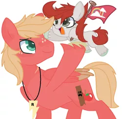 Size: 836x816 | Tagged: safe, artist:justcallmescaizor, derpibooru import, oc, oc:applewood jr., oc:dashell, earth pony, pegasus, pony, base used, duo, father and daughter, female, filly, flag, freckles, holding a pony, jewelry, male, necklace, not big macintosh, offspring, offspring's offspring, parent:big macintosh, parent:fluttershy, parent:oc:applewood jr., parent:oc:rainboom dash, parents:fluttermac, parents:oc x oc, scar, simple background, stallion, starry eyes, unshorn fetlocks, white background, wingding eyes