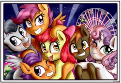Size: 2237x1542 | Tagged: safe, artist:anibaruthecat, derpibooru import, apple bloom, button mash, rumble, scootaloo, sweetie belle, tender taps, earth pony, pegasus, pony, unicorn, comic:triple date, blushing, colt, cute, cutie mark crusaders, female, ferris wheel, filly, male, open mouth, rumbloo, shipping, smiling, straight, sweetiemash, tenderbloom