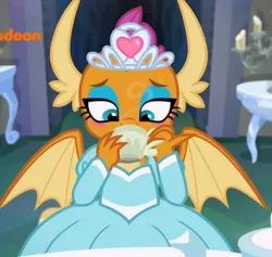 Size: 458x434 | Tagged: claws, clothes, cropped, cup, derpibooru import, dragon, dragoness, dragon wings, dress, female, horns, princess smolder, safe, screencap, smolder, solo, spread wings, teacup, what lies beneath, wings