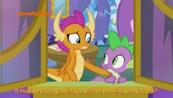 Size: 1920x1080 | Tagged: comforting, derpibooru import, dragon, dragoness, duo, father knows beast, female, hand on shoulder, male, nickelodeon, safe, screencap, smolder, solace, spike, subtitles, winged spike