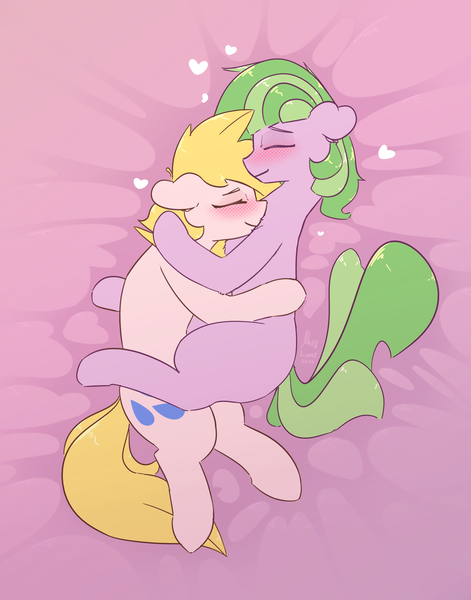 Size: 2355x3000 | Tagged: safe, artist:loneless-art, derpibooru import, oc, oc:ayvielle, oc:lone, unofficial characters only, earth pony, pony, bed, blushing, cuddling, cute, female, lonielle, male, mare, oc x oc, shipping, stallion, straight