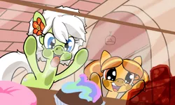 Size: 1147x692 | Tagged: safe, artist:moronsonofboron, derpibooru import, oc, oc:dulce deleche, oc:sunny nebels, unofficial characters only, earth pony, pony, duo, flower, flower in hair, licking, smiling, tongue out, window, window licking