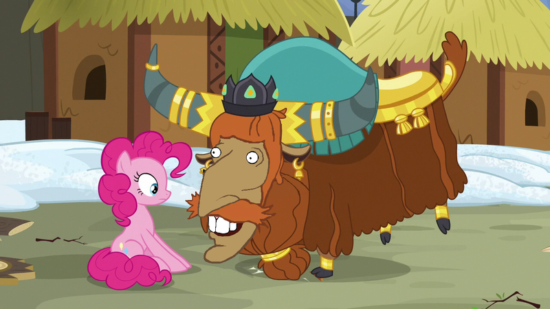 Size: 1280x720 | Tagged: safe, derpibooru import, edit, edited screencap, screencap, pinkie pie, prince rutherford, pony, yak, not asking for trouble, 1000 hours in ms paint, cloven hooves, meme, nigel thornberry, sitting, smashing, smashing (meme), the wild thornberrys