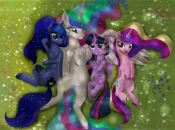 Size: 6301x4698 | Tagged: safe, artist:greenbrothersart, derpibooru import, princess cadance, princess celestia, princess luna, twilight sparkle, twilight sparkle (alicorn), alicorn, pony, absurd resolution, alicorn tetrarchy, cute, cutedance, cutelestia, dappled sunlight, female, flower, lunabetes, mare, movie accurate, on back, overhead view, smiling, true love princesses, twiabetes