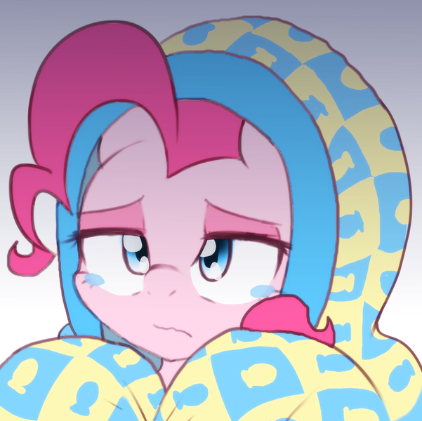 Size: 1796x1794 | Tagged: artist:akainu_pony, blanket, clothes, cute, depressed, derpibooru import, pinkie pie, sad, sadorable, safe, solo, teary eyes, wavy mouth, yakity-sax