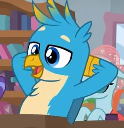Size: 523x540 | Tagged: safe, derpibooru import, screencap, gallus, ocellus, changedling, changeling, gryphon, a rockhoof and a hard place, arm behind head, cropped, cute, female, gallabetes, male, smiling