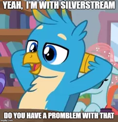 Size: 500x516 | Tagged: safe, derpibooru import, edit, gallus, ocellus, silverstream, a rockhoof and a hard place, beak, feather, female, gallstream, image macro, implied gallstream, implied shipping, male, meme, misspelling, shipping, straight