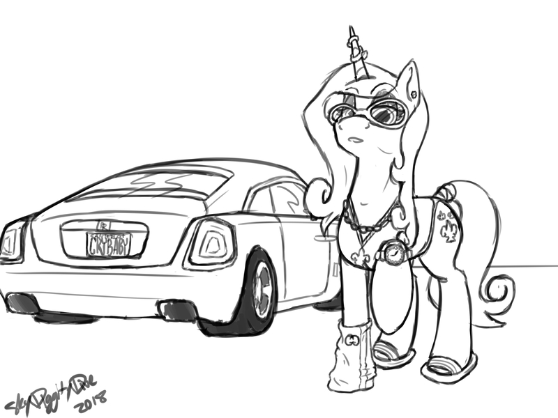 Size: 3600x2700 | Tagged: safe, artist:skydiggitydive, derpibooru import, fleur-de-lis, pony, unicorn, car, chains, flexing, flip flops, gucci, jewelry, rolls-royce, rolls-royce wraith, sandals, sketch, sock, sunglasses