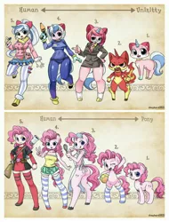 Size: 3106x4096 | Tagged: safe, artist:shepherd0821, derpibooru import, pinkie pie, anthro, cat, earth pony, human, pony, semi-anthro, anthro chart, anthro with ponies, clothes, crossover, humanized, lego, socks, species swap, striped socks, the lego movie, unikitty