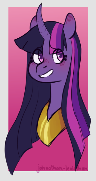 Size: 719x1353 | Tagged: safe, artist:johnathan-leviathan, derpibooru import, twilight sparkle, pony, abstract background, alternate hairstyle, blushing, bust, curved horn, female, heart eyes, mare, peytral, smiling, solo, wingding eyes