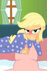 Size: 540x810 | Tagged: explicit, artist:randomtriples, derpibooru import, applejack, big macintosh, human, equestria girls, animated, applecest, applemac, blushing, breasts, clothed female nude male, clothes, female, handjob, incest, lip bite, looking at you, male, male pov, nudity, offscreen character, pajamas, penis, pov, shipping, straight