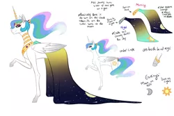 Size: 1024x683 | Tagged: safe, artist:neoncandies, derpibooru import, princess celestia, alicorn, pony, alternate hairstyle, bracelet, clothes, cutie mark, dress, ear piercing, earring, female, horn jewelry, jewelry, lidded eyes, looking at you, mare, peytral, piercing, ponytail, raised hoof, reference sheet, simple background, smiling, solo, the mare who became queen, white background