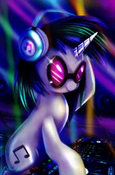 Size: 3150x4800 | Tagged: safe, artist:darksly, derpibooru import, vinyl scratch, pony, unicorn, female, headphones, lights, mare, rave, solo, sunglasses, turntable