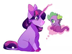Size: 4000x3000 | Tagged: safe, artist:uunicornicc, derpibooru import, spike, twilight sparkle, dragon, pony, unicorn, baby, baby dragon, baby spike, coat markings, cute, duo, female, filly, filly twilight sparkle, floating, glowing horn, leonine tail, looking at each other, magic, male, simple background, smiling, spikabetes, telekinesis, twiabetes, unicorn twilight, white background, younger