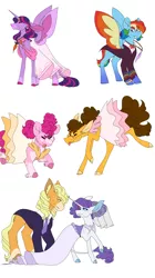 Size: 3200x5700 | Tagged: safe, artist:uunicornicc, derpibooru import, applejack, cheese sandwich, pinkie pie, rainbow dash, rarity, twilight sparkle, twilight sparkle (alicorn), alicorn, classical unicorn, earth pony, pegasus, pony, unicorn, cheesepie, clothes, cloven hooves, colored wings, crossdressing, cute, dancing, diacheeses, diapinkes, dress, eyes closed, female, floppy ears, glasses, horn, horn ring, jewelry, leonine tail, lesbian, male, mare, rarijack, shipping, simple background, smiling, spread wings, stallion, story included, straight, suit, tongue out, tuxedo, twidash, unshorn fetlocks, wedding dress, white background, wings