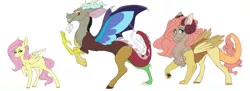 Size: 5500x2000 | Tagged: safe, artist:uunicornicc, derpibooru import, discord, fluttershy, oc, oc:iris, draconequus, hybrid, pegasus, pony, discoshy, draconequus oc, female, interspecies offspring, male, mare, offspring, parent:discord, parent:fluttershy, parents:discoshy, shipping, simple background, straight, trio, white background