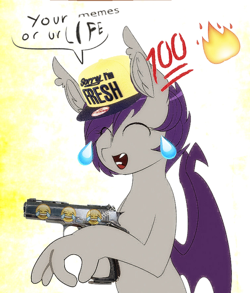 Size: 755x885 | Tagged: safe, artist:replica, derpibooru import, edit, oc, oc:nolegs, unofficial characters only, bat pony, pony, bat pony oc, deep fried meme, dialogue, emoji, eyes closed, female, gun, handgun, hat, mare, meme, memetastic, open mouth, pistol, robbery, shutterstock, smiling, solo, speech bubble, suddenly hands, text, wat, weapon, 👌, 💯, 🔥, 😂