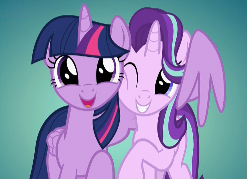 Size: 886x644 | Tagged: safe, derpibooru import, edit, edited screencap, screencap, starlight glimmer, twilight sparkle, twilight sparkle (alicorn), alicorn, pony, unicorn, father knows beast, best friends, bust, cheek squish, cute, daaaaaaaaaaaw, duo, female, glimmerbetes, gradient background, grin, horn, hug, mare, one eye closed, open mouth, portrait, smiling, squishy cheeks, twiabetes, wing hands, winghug, wings