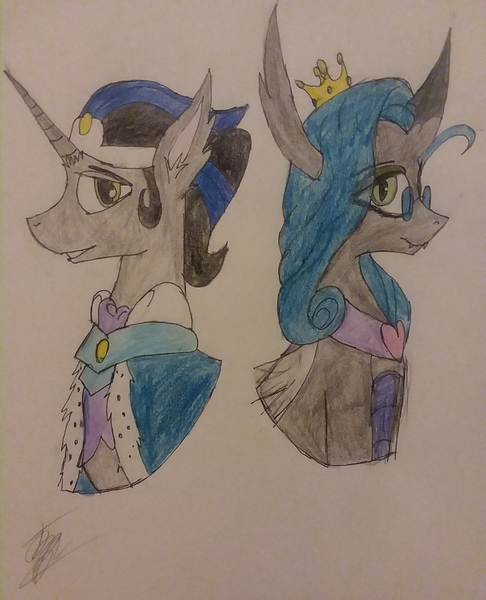 Size: 1932x2383 | Tagged: artist:drawingwithapitoffriendship, bust, changeling, coloured pencil, crown, derpibooru import, good king sombra, jewelry, king sombra, mirror universe, queen chrysalis, regalia, reversalis, safe, traditional art