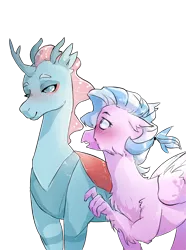 Size: 1545x2081 | Tagged: artist:oniricat, blushing, changedling, changeling, changeling queen, classical hippogriff, crush, derpibooru import, female, headcanon, headcanon in the description, hippogriff, lesbian, ocellus, ocellustream, older, queen ocellus, safe, shipping, silverstream, simple background, size difference, smiling, transparent background