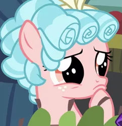 Size: 597x616 | Tagged: safe, derpibooru import, screencap, cozy glow, pegasus, pony, marks for effort, cozy glow is best facemaker, cozybetes, cropped, cute, female, filly, foal, puppy dog eyes, pure concentrated unfiltered evil of the utmost potency, sad, solo, thinking, woobie