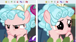 Size: 551x302 | Tagged: angry, bush, comparison, contrast, cozybetes, cozy glow, cozy glow is best facemaker, cozy glow is not amused, cropped, cute, derpibooru, derpibooru import, face, female, filly, foal, juxtaposition, marks for effort, meta, plotting, puppy dog eyes, pure concentrated unfiltered evil of the utmost potency, sad, safe, screencap, thinking