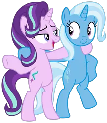 Size: 2641x3034 | Tagged: safe, artist:sketchmcreations, derpibooru import, starlight glimmer, trixie, pony, unicorn, road to friendship, arm around neck, bipedal, duo, female, hoof around neck, hooves on hips, looking at each other, mare, open mouth, simple background, smiling, transparent background, vector, we're friendship bound