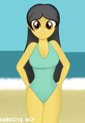 Size: 1024x1486 | Tagged: suggestive, artist:danielitamlp, derpibooru import, oc, oc:danielita, oc:dany melody, unofficial characters only, equestria girls, beach, breasts, cleavage, clothes, female, one-piece swimsuit, smiling, solo, solo female, swimsuit