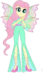 Size: 2247x3676 | Tagged: safe, artist:ilaria122, artist:pupkinbases, derpibooru import, fluttershy, equestria girls, alternate hairstyle, clothes, crossover, ear piercing, earring, fairy wings, female, hairstyle, high heels, jewelry, onyrix, piercing, rainbow s.r.l, shoes, simple background, smiling, solo, transparent background, winged humanization, wings, winx club, world of winx