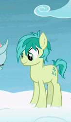 Size: 630x1080 | Tagged: safe, derpibooru import, screencap, ocellus, sandbar, changedling, changeling, earth pony, pony, school raze, animated, cloud, cute, cutie mark, hooves, horses doing horse things, jumping, male, on a cloud, sandabetes, solo focus, stallion, standing on cloud, teenager
