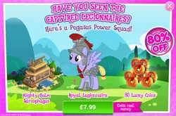 Size: 797x525 | Tagged: safe, derpibooru import, official, iron eagle, pegasus, pony, advertisement, costs real money, female, gameloft, lucky coin, mare, royal legion, solo, statue