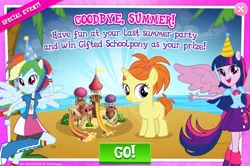 Size: 796x528 | Tagged: safe, derpibooru import, official, rainbow dash, twilight sparkle, pony, unicorn, equestria girls, advertisement, beach, female, filly, foal, gameloft, hat, ocean, party hat, ponied up, solo, summer vacation, united states