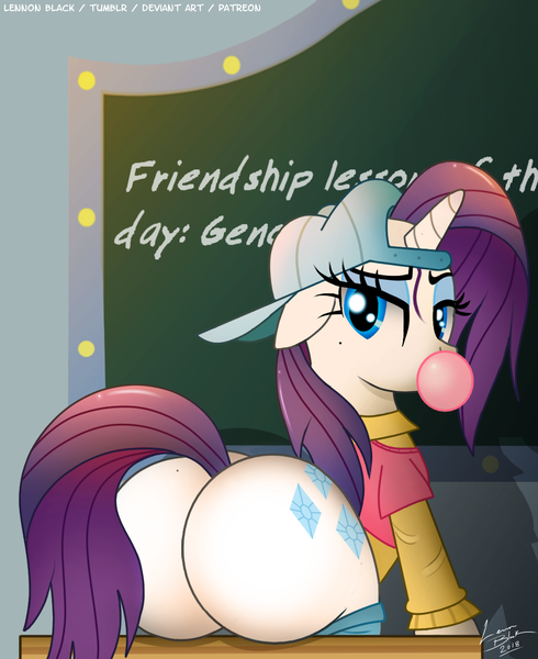 Size: 1000x1224 | Tagged: suggestive, artist:lennonblack, derpibooru import, rarity, pony, unicorn, friendship university, bubble, bubblegum, butt, clothes, female, food, gum, looking back, mare, mooning, plainity, plot, rearity, solo, solo female, the ass was fat