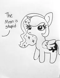 Size: 1245x1608 | Tagged: safe, artist:tjpones, derpibooru import, princess luna, alicorn, pony, female, filly, frown, heresy, insult, mare, offscreen character, pure unfiltered evil, sad, simple background, solo, start of darkness, stupidity, this will end in death, this will end in pain, this will end in tears, this will end in tears and/or death, white background, woona, you monster, younger