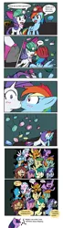 Size: 2854x10380 | Tagged: safe, artist:helsaabi, derpibooru import, berry blend, berry bliss, gallus, huckleberry, november rain, ocellus, peppermint goldylinks, rainbow dash, rarity, sandbar, silverstream, smolder, twilight sparkle, twilight sparkle (alicorn), yona, alicorn, classical hippogriff, gryphon, hippogriff, pony, the end in friend, accidental kiss, background pony, blushing, bow, camera, comic, female, friendship student, gemstones, implied fanfiction, kissing, lesbian, male, mare, misspelling, raridash, shipping, stallion