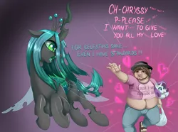 Size: 5512x4093 | Tagged: absurd resolution, artist:dankflank, bag, beard, brony, brony stereotype, changeling, changeling queen, chase, clothes, dead source, derpibooru import, dialogue, disgusted, english, even evil has standards, facial hair, fat, fedora, female, fleeing, flying, front butt, funny, hat, heart, jeans, looking back, male, neckbeard, open mouth, pants, plushie, quadrupedal, queen chrysalis, rarity, safe, sandals, shitposting