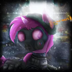 Size: 4000x4000 | Tagged: safe, artist:thefunnysmile, derpibooru import, oc, oc:solid heart, unofficial characters only, pony, unicorn, backpack, blurry, bullet hole, bulletproof vest, camouflage, city, clothes, gas mask, lens flare, mask, military, snow, solo, weapon, winter