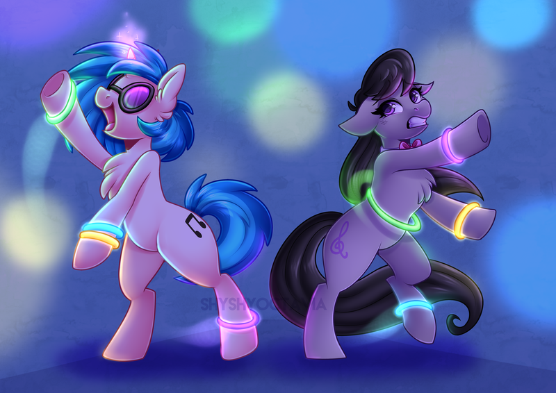 Size: 4092x2893 | Tagged: safe, artist:shyshyoctavia, derpibooru import, octavia melody, vinyl scratch, earth pony, pony, unicorn, bipedal, chest fluff, dancing, digital art, duo, female, glow rings, glowing horn, high res, image, looking at someone, mare, obtrusive watermark, png, rave, rearing, signature, watermark