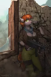 Size: 900x1350 | Tagged: safe, artist:margony, derpibooru import, oc, oc:aurous affect, unofficial characters only, anthro, earth pony, anthro oc, bandaid, brick wall, broken glass, clothes, commission, digital art, dust, female, fingerless gloves, gloves, grenade, gun, jacket, mare, mp5k, pants, signature, solo, taking cover, uniform, weapon, window, ych result