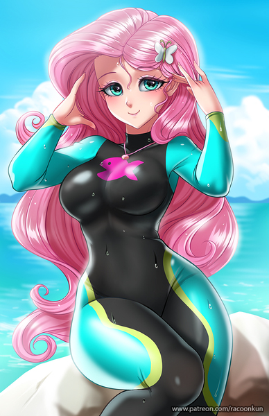 Size: 750x1160 | Tagged: safe, artist:racoonsan, derpibooru import, fluttershy, human, equestria girls, equestria girls series, forgotten friendship, adorasexy, anime, barrette, beach, beach babe, beautiful, big breasts, blushing, breasts, busty fluttershy, clothes, cloud, curvy, cute, equestria girls outfit, eyeshadow, female, geode of fauna, hairclip, hairpin, human coloration, humanized, looking at you, makeup, necklace, sexy, shyabetes, sitting, skintight clothes, smiling, solo, stupid sexy fluttershy, swimsuit, wet, wetsuit