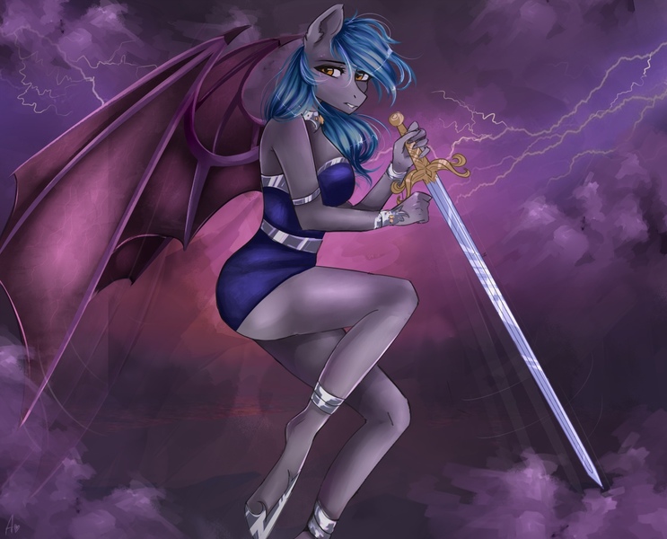 Size: 1280x1034 | Tagged: safe, alternate version, artist:alicesmitt31, derpibooru import, oc, oc:moon bloom, unofficial characters only, anthro, bat pony, unguligrade anthro, anthro oc, bat pony oc, bat wings, blue hair, blue mane, clothes, cloud, commission, digital art, female, hoof shoes, looking sideways, mare, no tail, signature, sky, solo, sword, thunder, weapon, ych result