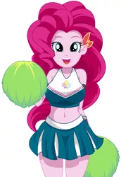 Size: 1107x1607 | Tagged: safe, artist:rosemile mulberry, derpibooru import, pinkie pie, equestria girls, belly button, breasts, busty pinkie pie, cheerleader, cheerleader pinkie, clothes, cute, diapinkes, female, happy, looking at you, midriff, miniskirt, pleated skirt, pom pom, simple background, skirt, smiling, solo, sports bra, white background