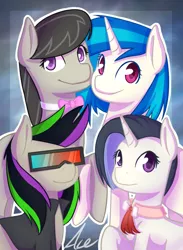 Size: 600x820 | Tagged: safe, artist:acelinjack, derpibooru import, octavia melody, vinyl scratch, oc, oc:nuance harmoney, oc:sawtooth vibe, earth pony, pony, unicorn, icey-verse, bowtie, clothes, family, female, glasses, jacket, leather jacket, lesbian, magical lesbian spawn, mare, mother and daughter, offspring, parent:octavia melody, parent:vinyl scratch, parents:scratchtavia, scratchtavia, shipping, signature, sisters