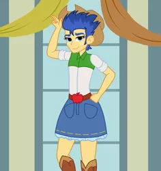 Size: 1700x1800 | Tagged: safe, artist:mashoart, derpibooru import, flash sentry, equestria girls, accessory swap, boots, clothes, clothes swap, cowboy boots, cowboy hat, crossdressing, denim skirt, freckles, hat, miniskirt, skirt, smiling, solo, stetson